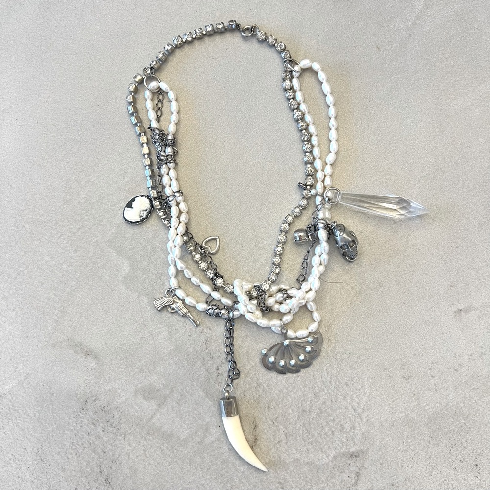Y2K Inspired Layered Charm‎ Necklace with Rhinestones, Pearls & Silver chains